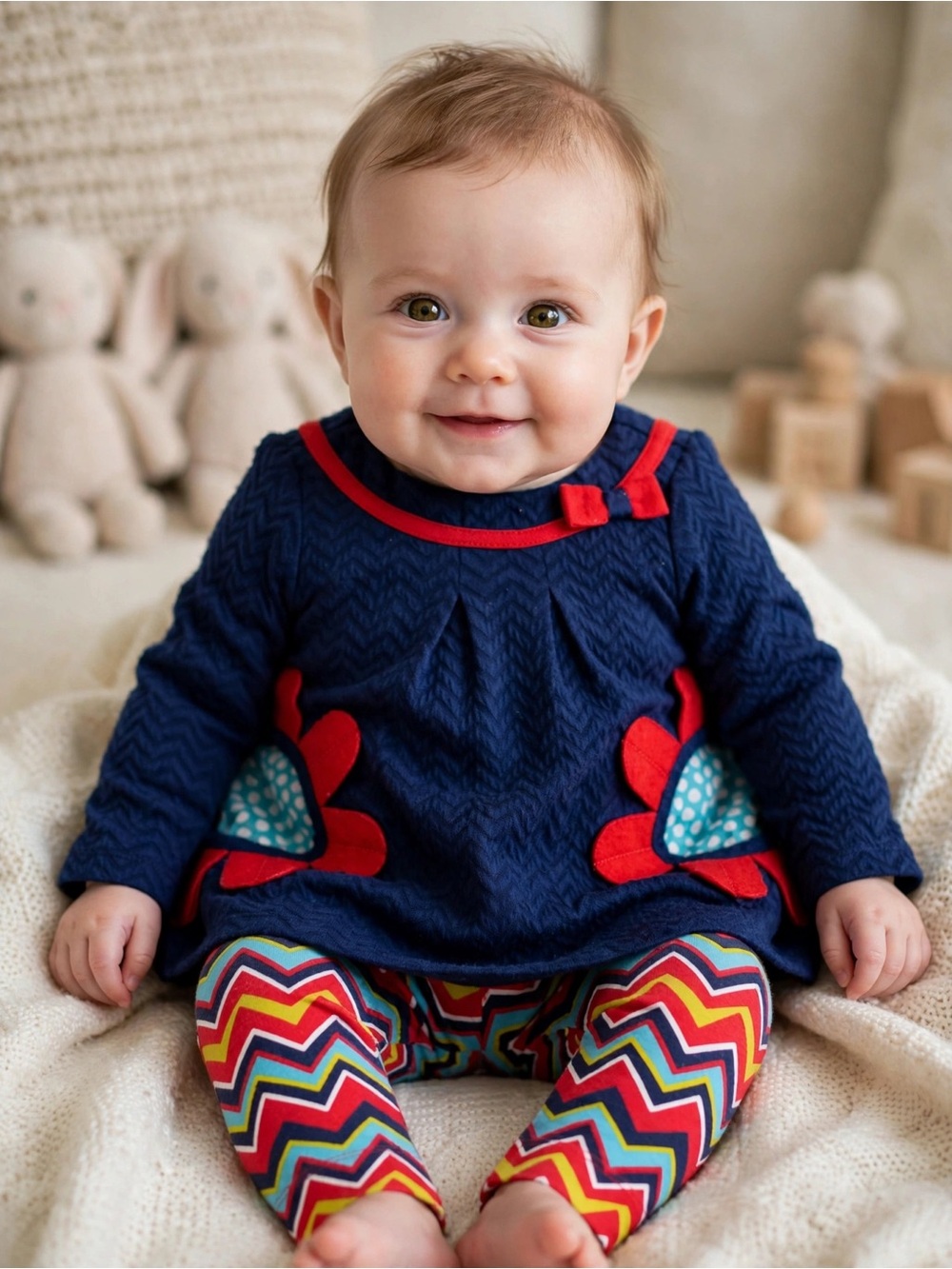 Rare Editions Navy and Red Chevron Flower Top with Multicolor Chevron Leggings